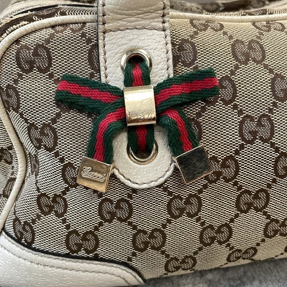 Vintage Gucci Princy GG Monogram Logo Sherry Line Web Shoulder Bag Tan Ivory - Picture 3 of 17